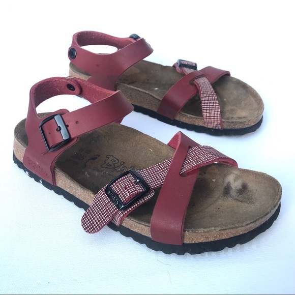 Birkenstock | Shoes | Birkenstock Red Plaid Sandals 38 7 Ankle Strap | Poshmark